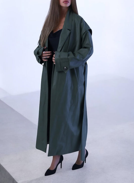 Olive Faux Leather Trench Coat